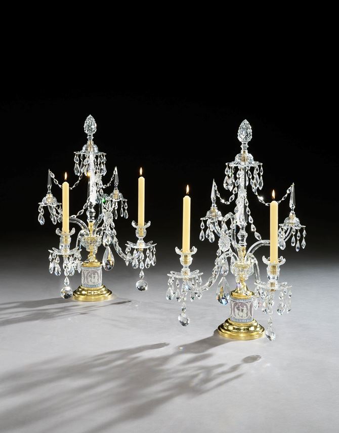 Parker &amp; Perry - A pair of ormolu mounted cut glass and tricolour jasper two light candelabra | MasterArt